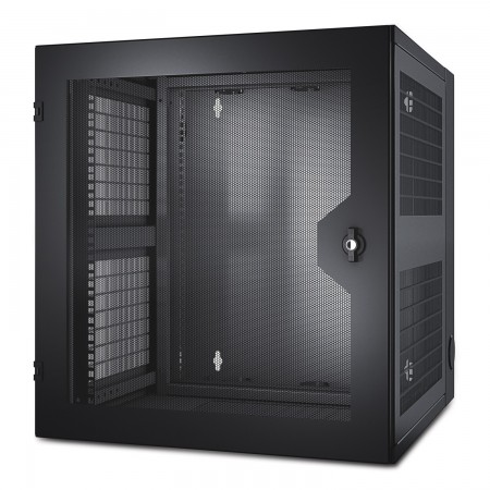 AR100HD, NetShelter Wx, de 13 U, con riel para montaje vertical con perforación roscada y puerta delantera perforada, negro